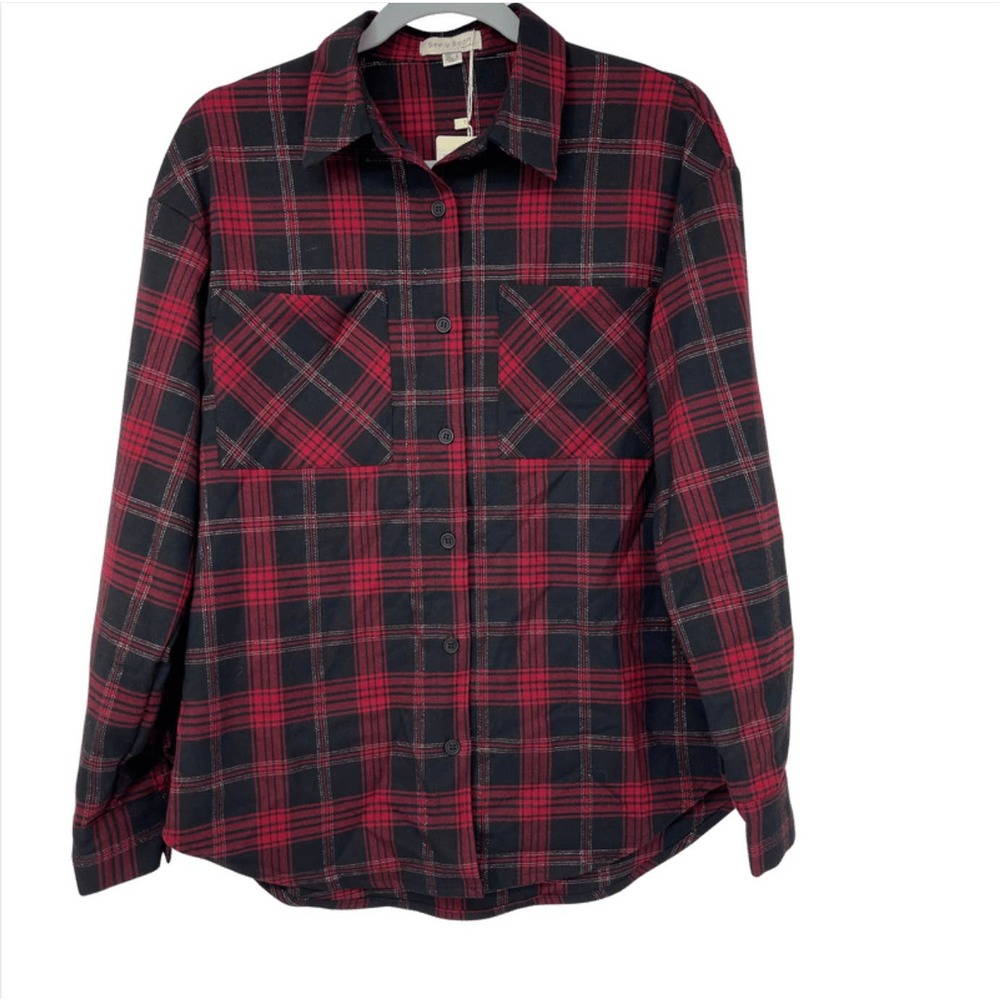 SEE U SOON RED & BLACK SHIMMERY PLAID LONG SLEEVE WITH POCKETS SIZE SMALL